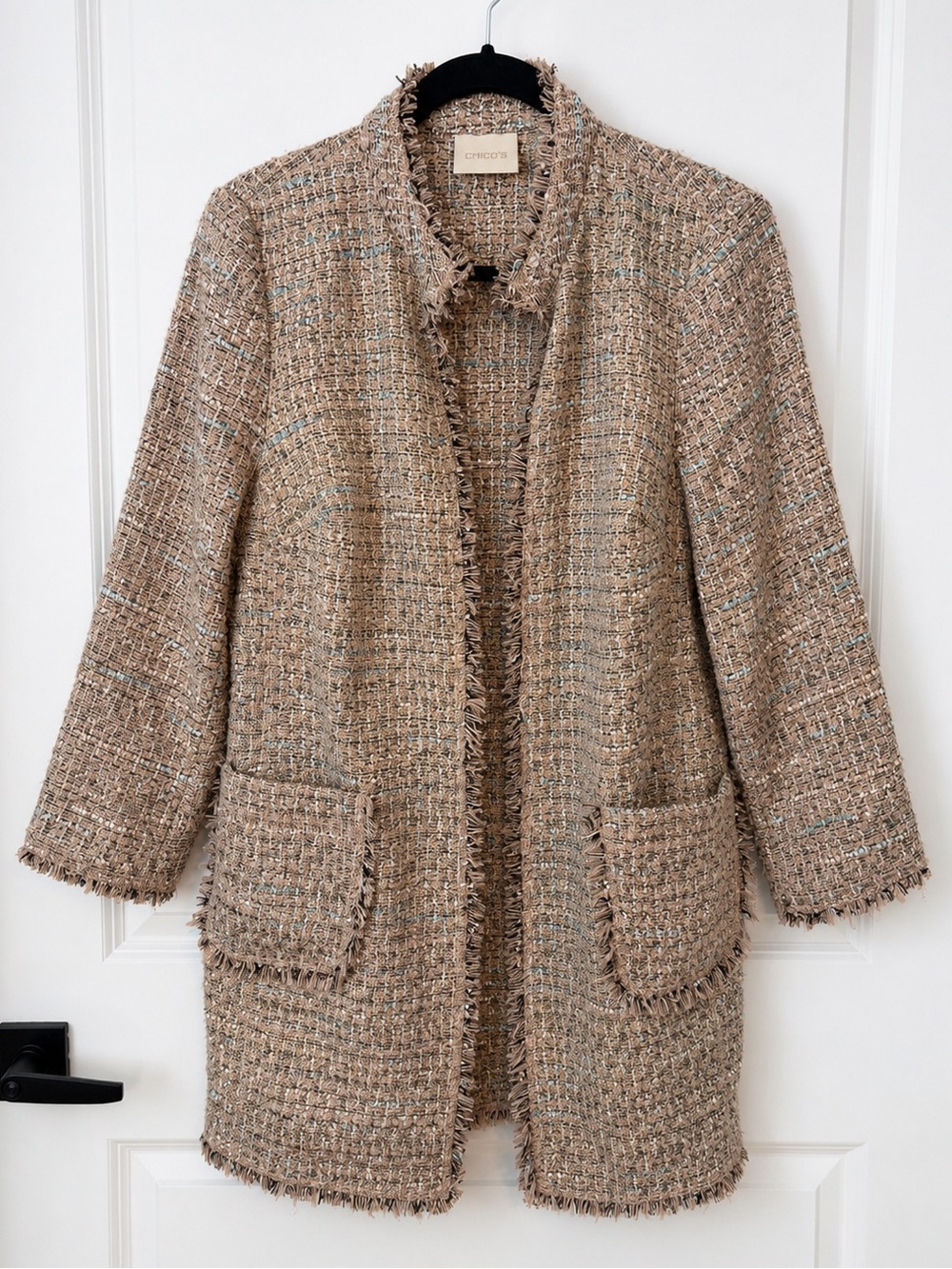 Chico’s Tweed Open Front Jacket Cardigan Fringe Trim Beige Tan Blue Size 1 (M)